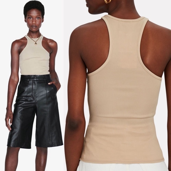 ANINE BING 90s Beige Stretch Rib Knit Sleeveless Sculpting Racerback Tank Top S - Picture 4 of 9